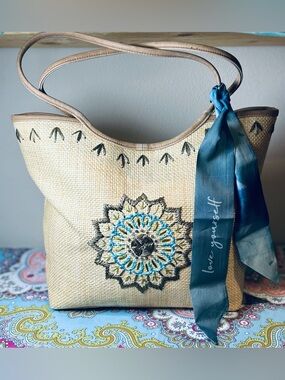 Boho Blue Embroidered Mandala Straw Tote Bag - Large Beach Shoulder Bag Purse